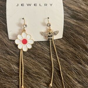 Gold and Red Flower with Bee Dangle Earrings